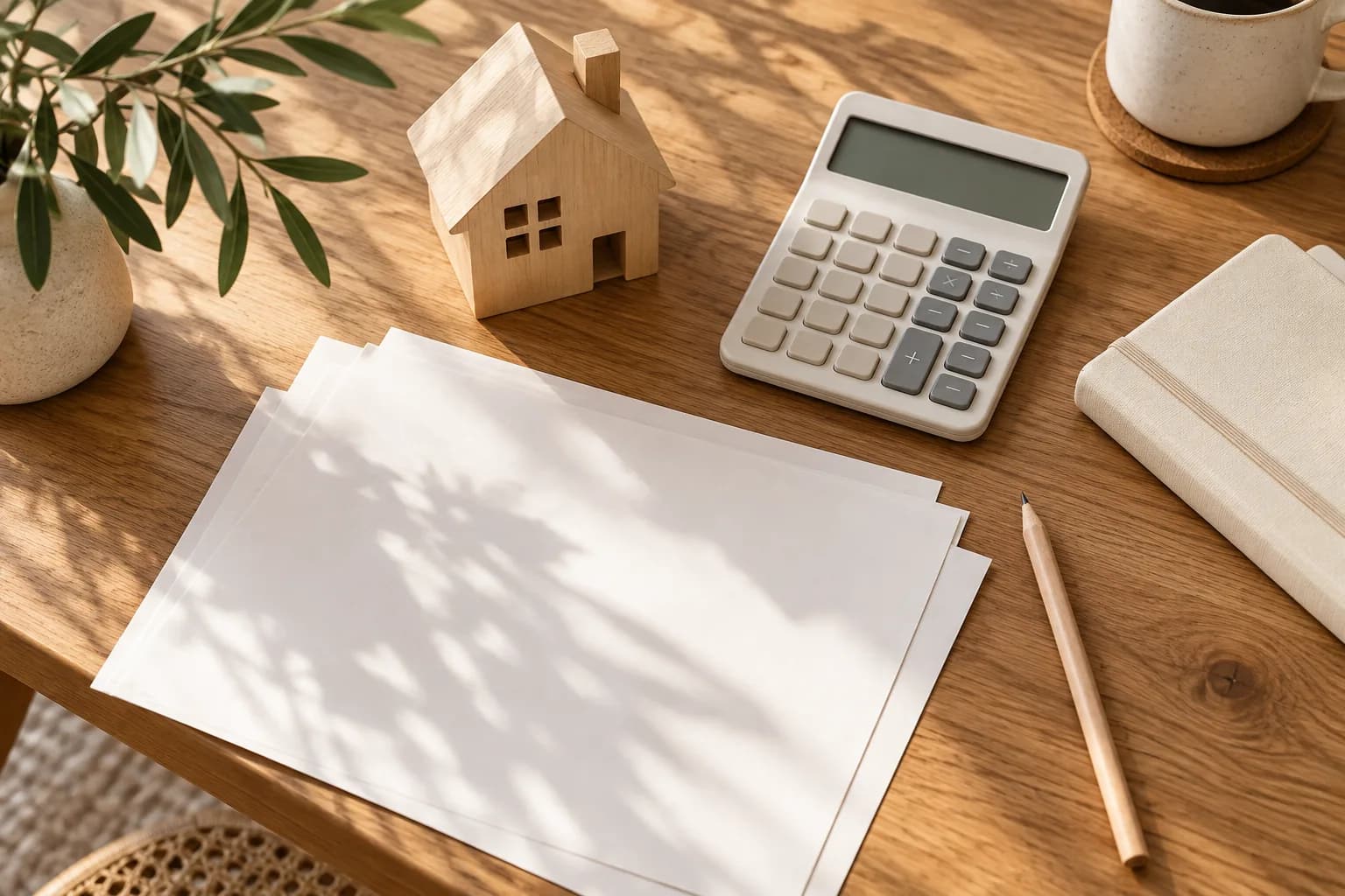 Calculatrice, carnet et maison en bois pour préparer un budget, illustration générée par IA.