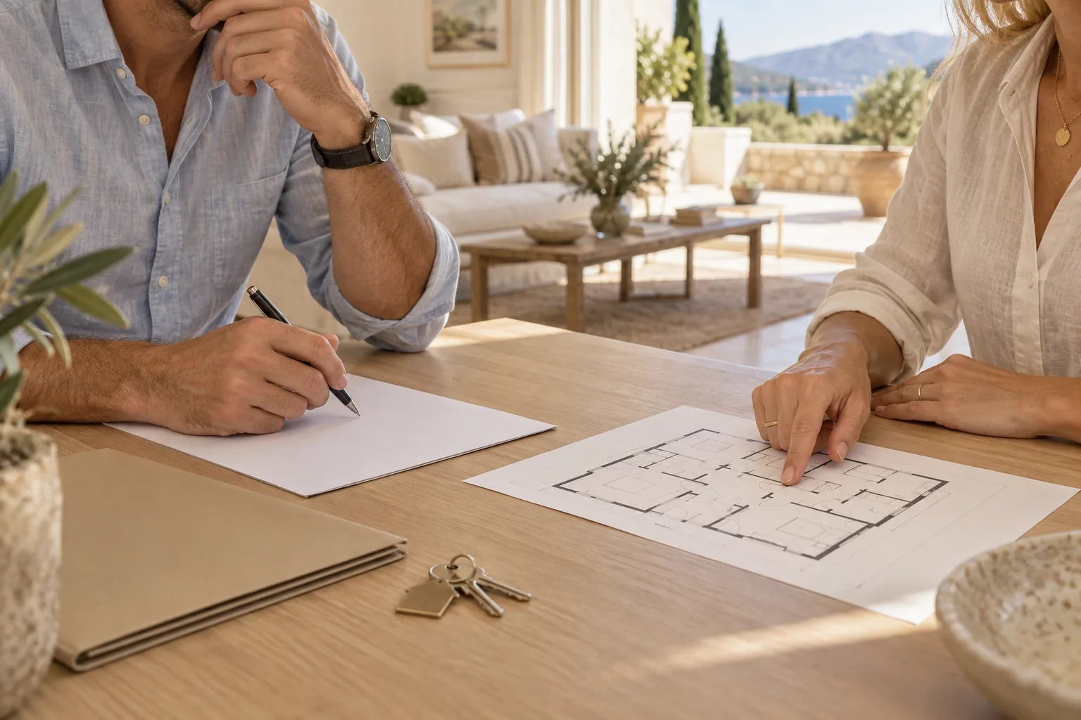 Préparation d’une offre d’achat autour d’un plan de logement, illustration générée par IA.