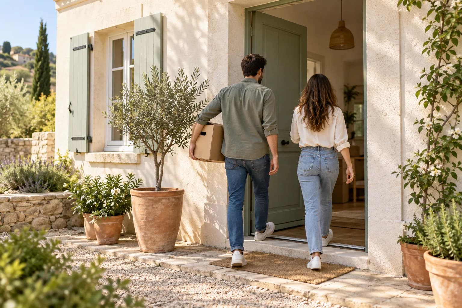 Couple entrant dans une maison avec un carton, illustration générée par IA.