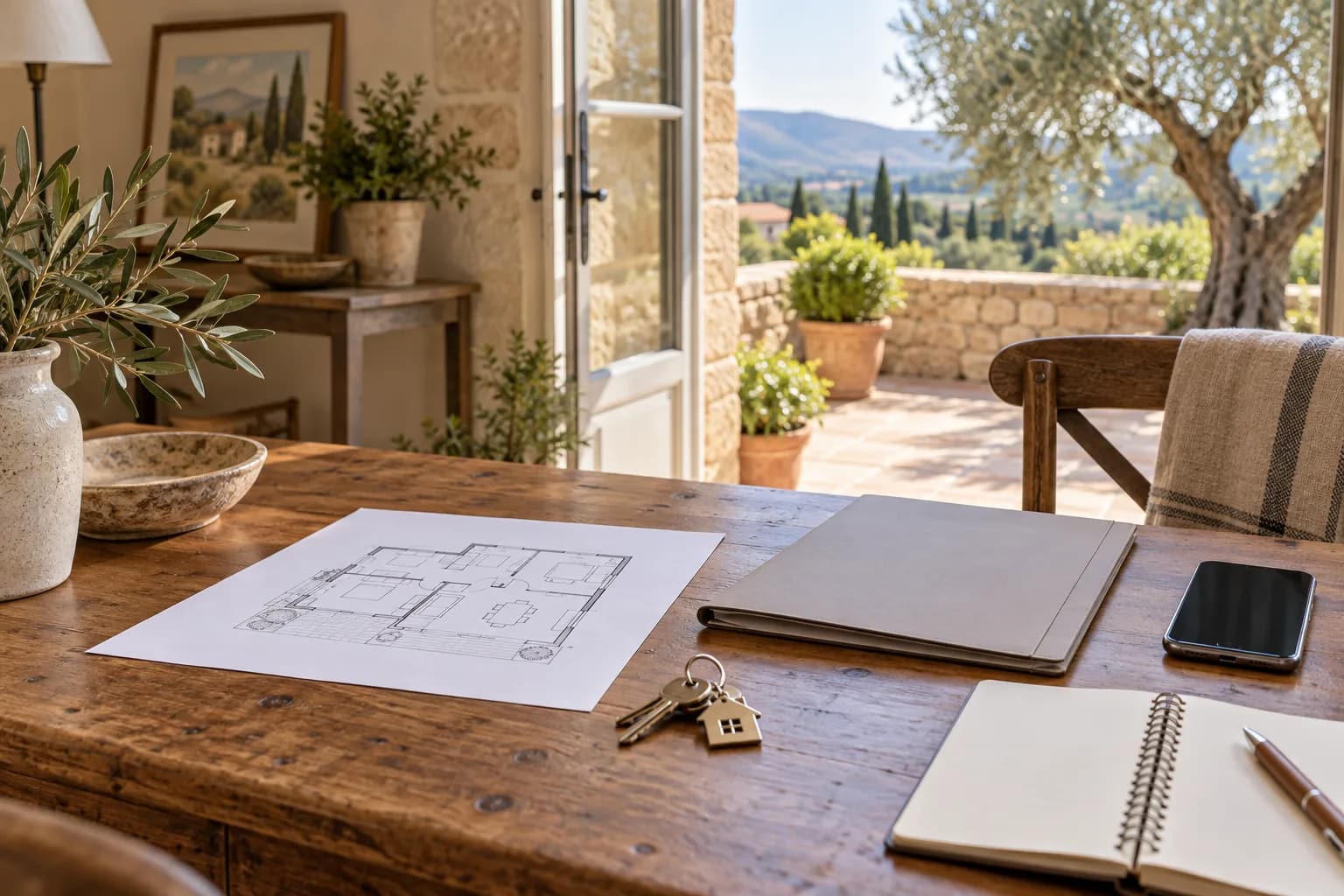 Clés, plan et carnet pour organiser une vente immobilière, illustration générée par IA.