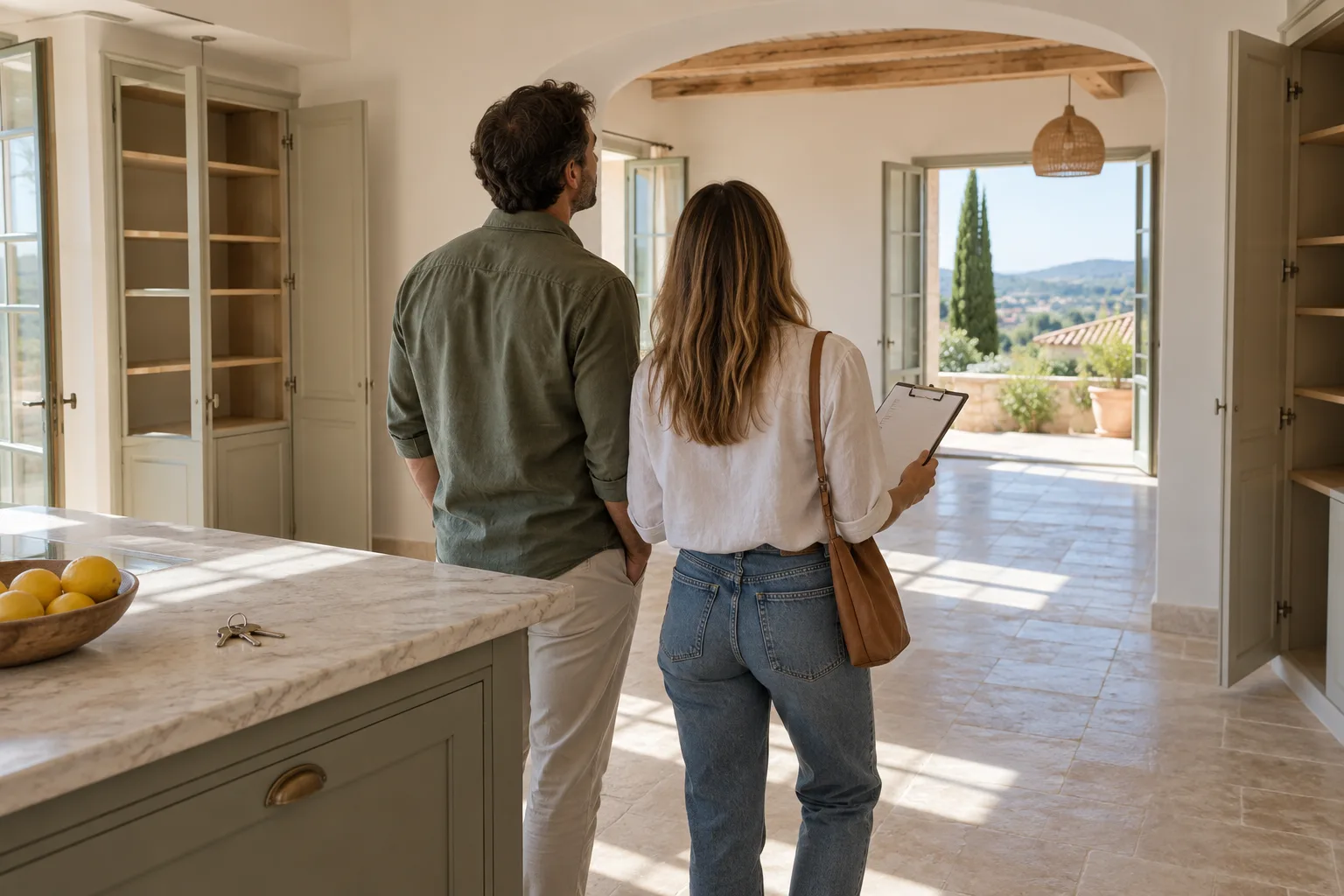 Couple muni d’une checklist dans une maison vidée avant la remise des clés. Illustration générée par IA.