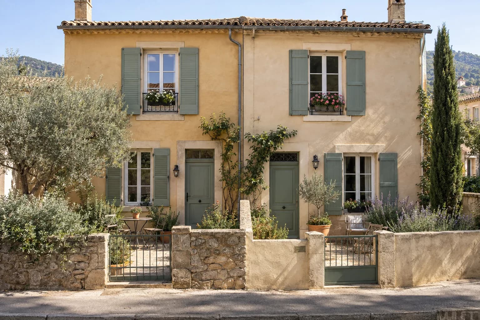 Deux maisons accolées avec des entrées et des petits jardins distincts. Illustration générée par IA.