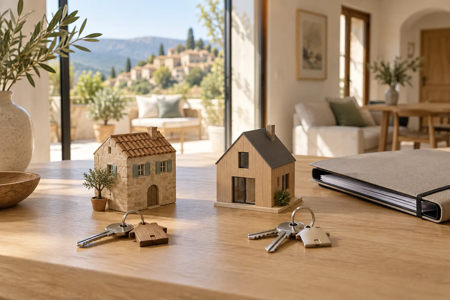 Deux maisons miniatures, deux trousseaux de clés et un dossier de financement. Illustration générée par IA.